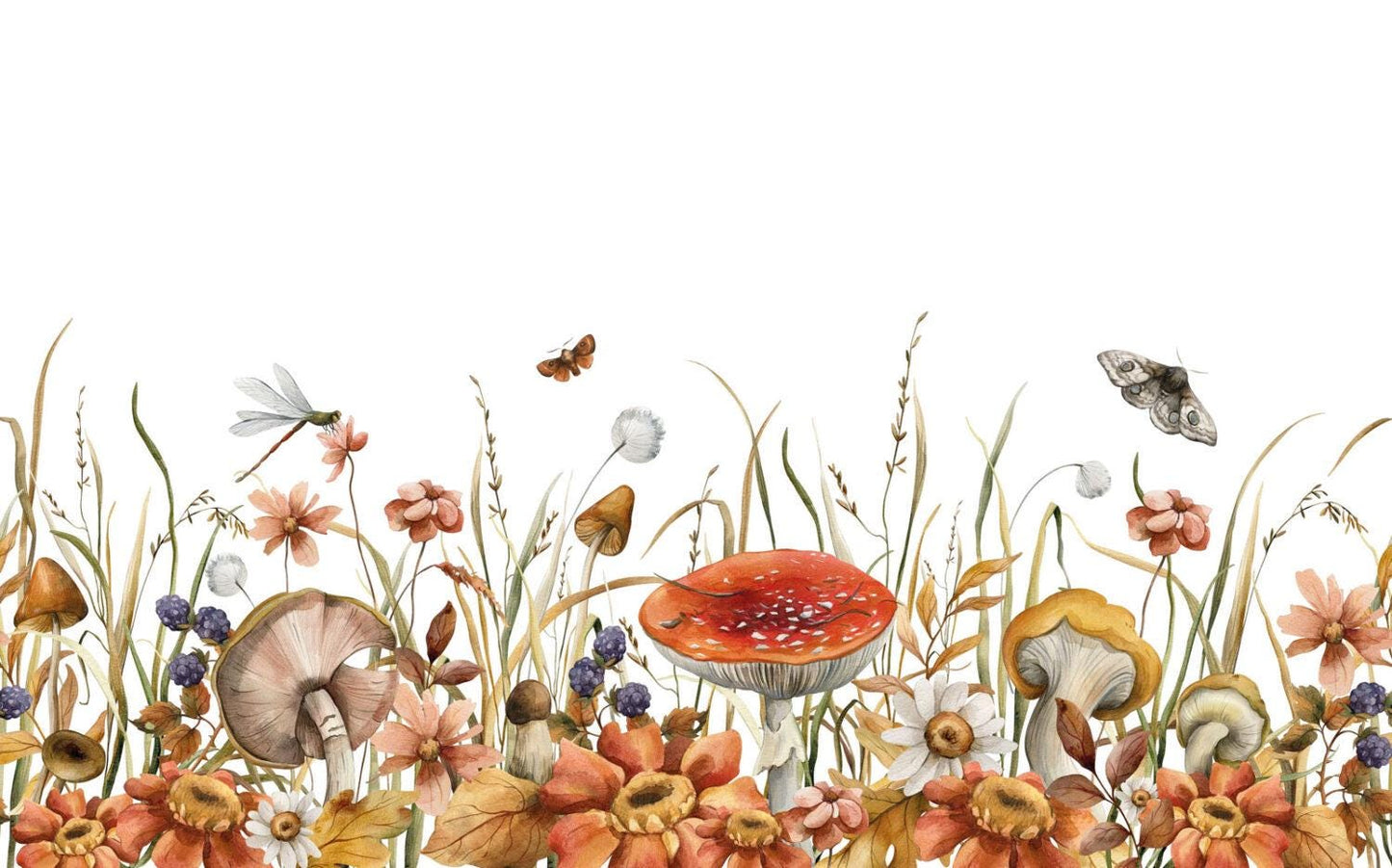 Mushrooms in the Forest Wallpaper For Kidsroom, Wallpaper Nursery, Nature Childrens Wallpaper, Butterfly Wall Mural, Baby Girl Wallpaper
