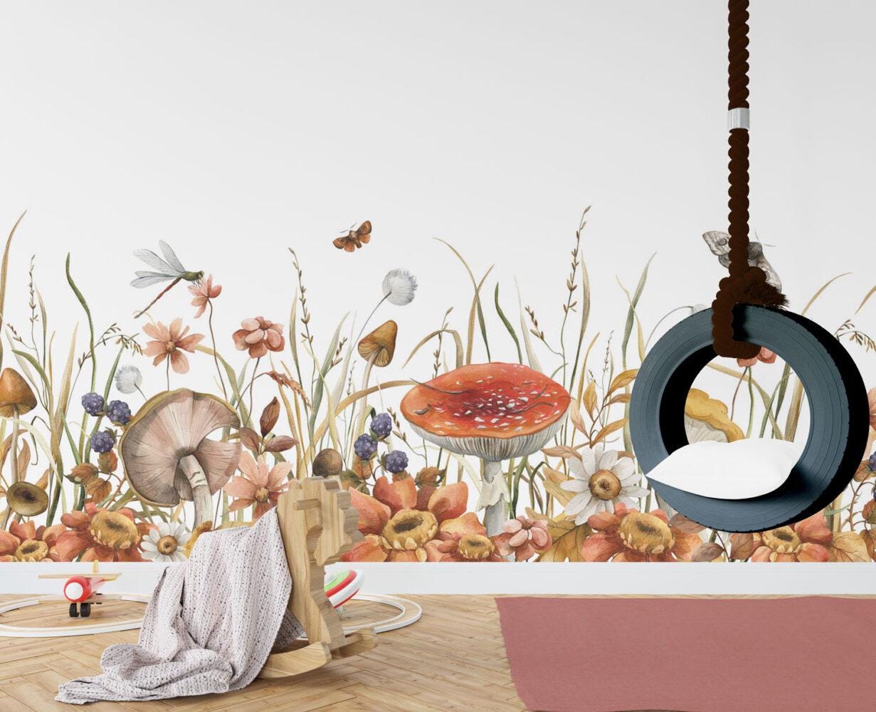 Mushrooms in the Forest Wallpaper For Kidsroom, Wallpaper Nursery, Nature Childrens Wallpaper, Butterfly Wall Mural, Baby Girl Wallpaper