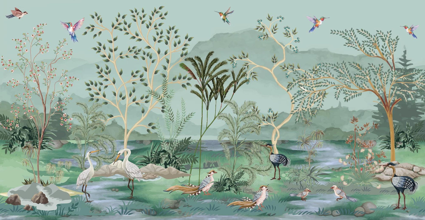 Pelican and Crane Birds Wallpaper with Lake View in Green Blue Tones Wallpaper, Bohemian Wallpaper, Vintage Nature Mural, Tropical Wallpaper