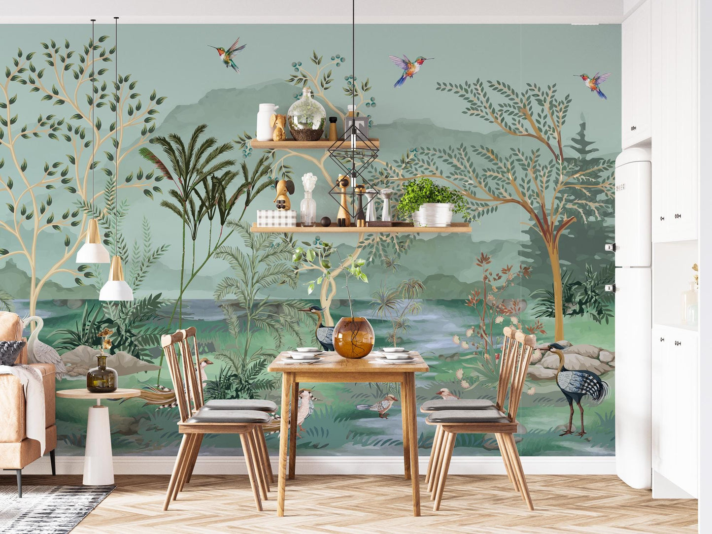 Pelican and Crane Birds Wallpaper with Lake View in Green Blue Tones Wallpaper, Bohemian Wallpaper, Vintage Nature Mural, Tropical Wallpaper