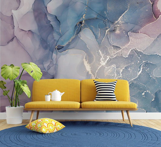Abstract Marble Texture Acrylic Paints Wallpaper, Wallpaper in Blue and Purple Tones, Stylish Room Design, Modern Wallpaper, Cool Mural