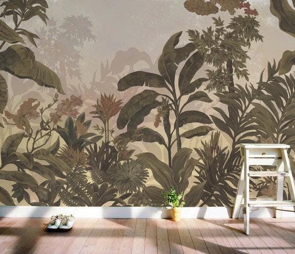Tropical Exotic Forest Dark Plants Floral Wallpaper, Bohemian Wallpaper, Leaf Mural, Botanical Peel and Stick Wallpaper, Stylish Room Design