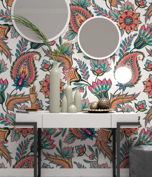 Traditional Oriental Paisley Pattern Vintage Modern Luxury Wallpaper, Spring Flowers Wallpaper, Floral Wallpaper, Romantic Drawing Mural