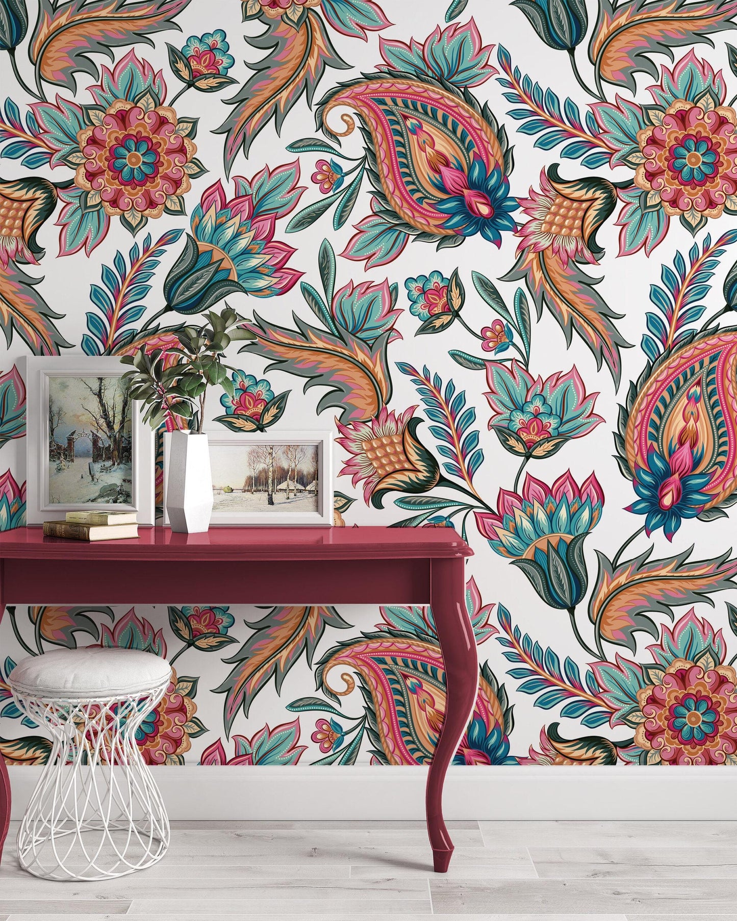 Traditional Oriental Paisley Pattern Vintage Modern Luxury Wallpaper, Spring Flowers Wallpaper, Floral Wallpaper, Romantic Drawing Mural