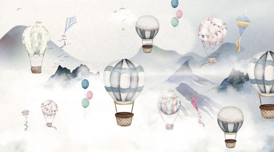 Flying Balloon Mountain View Kids Wallpaper, Sky Wallpaper For Kidsroom, Cute Wallpaper Nursery, Blue Kids Wallpaper, Clouds Baby Wallpaper