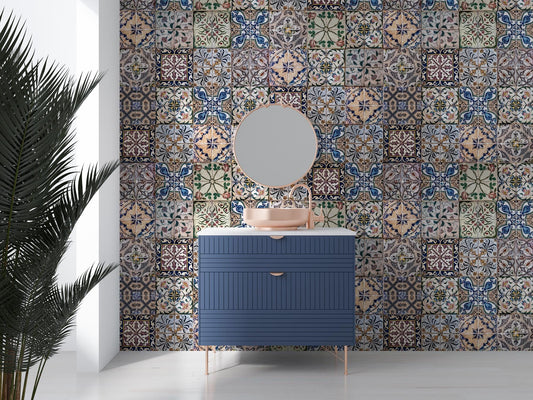 Turkish Bath Patterned Bathroom Wallpaper, Vintage Tile Look Wallpaper, Ceramic Look Mixed Pattern Wallpaper, Peel and Stick Wallpaper