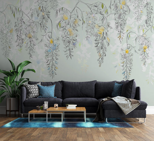 Hanging Vine Flowers Wallpaper, Floral Wallpaper, Colourful Romantic Wall Mural, Peel and Stick Wallpaper, Spring Themed Drawing Wallpaper