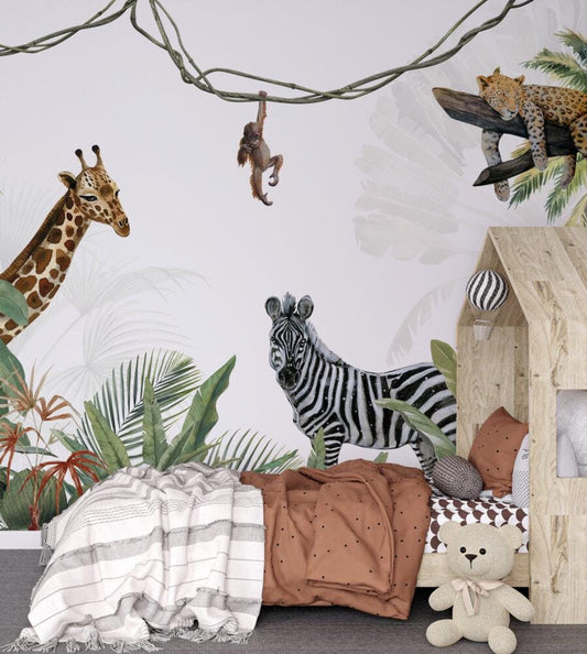 Sleepy Leopard and Friends in the Tropical Forest Wallpaper For Kidsroom, Childrens Wallpaper, Wall Mural Nursery, Wild Jungle Wallpaper