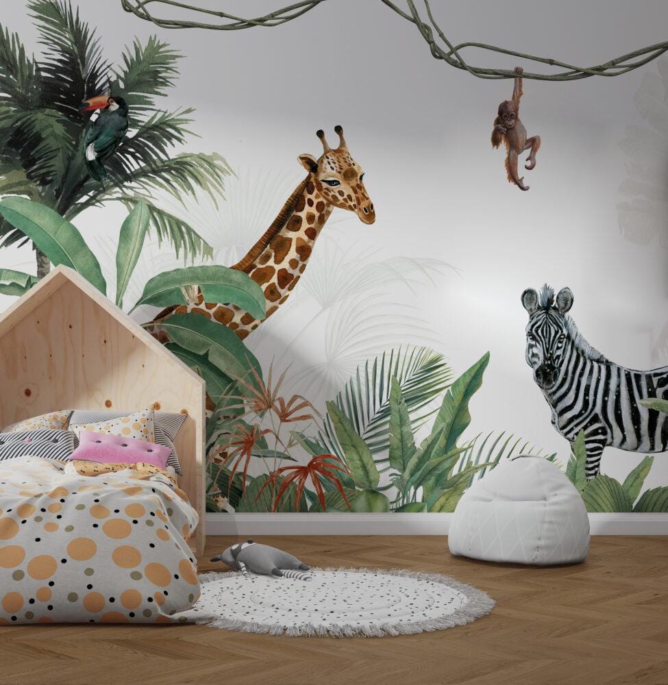 Sleepy Leopard and Friends in the Tropical Forest Wallpaper For Kidsroom, Childrens Wallpaper, Wall Mural Nursery, Wild Jungle Wallpaper