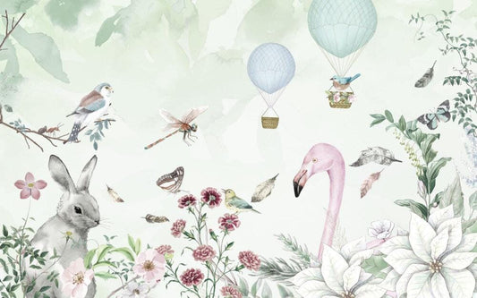 Rabbit, Bird and Flamingo Kids Wallpaper, Cute Animals Wallpaper Nursery, Child Wallpaper, Peel and Stick Wallpaper, Baby Girl Wallpaper