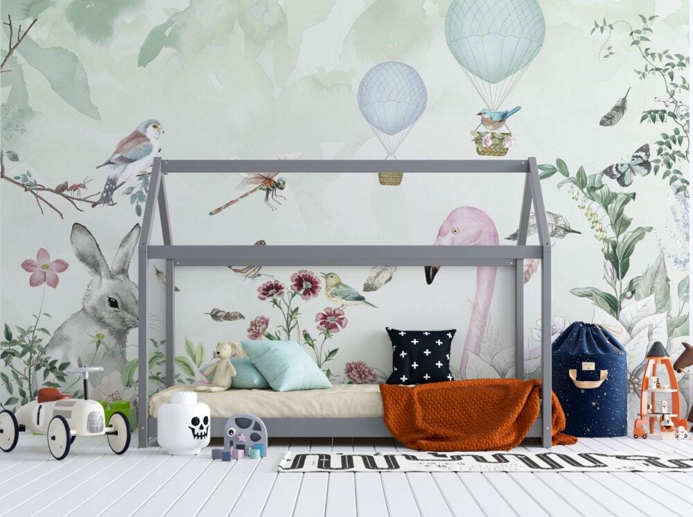 Rabbit, Bird and Flamingo Kids Wallpaper, Cute Animals Wallpaper Nursery, Child Wallpaper, Peel and Stick Wallpaper, Baby Girl Wallpaper