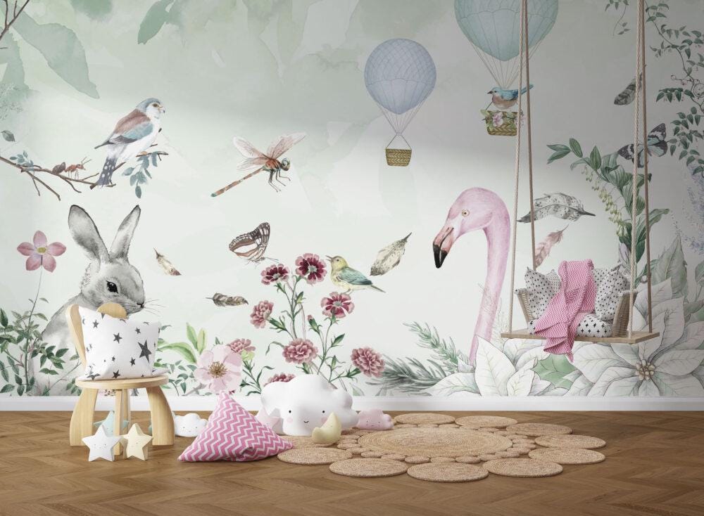 Rabbit, Bird and Flamingo Kids Wallpaper, Cute Animals Wallpaper Nursery, Child Wallpaper, Peel and Stick Wallpaper, Baby Girl Wallpaper