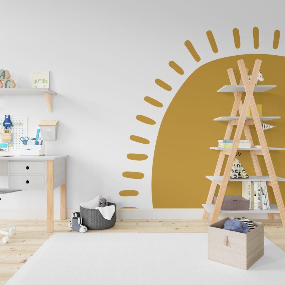 Soft Tone Sun Kids Wallpaper, Illustration Wallpaper Nursery, Art Child Wallpaper, Colorful Peel and Stick Baby Wallpaper, Yellow Wallpaper
