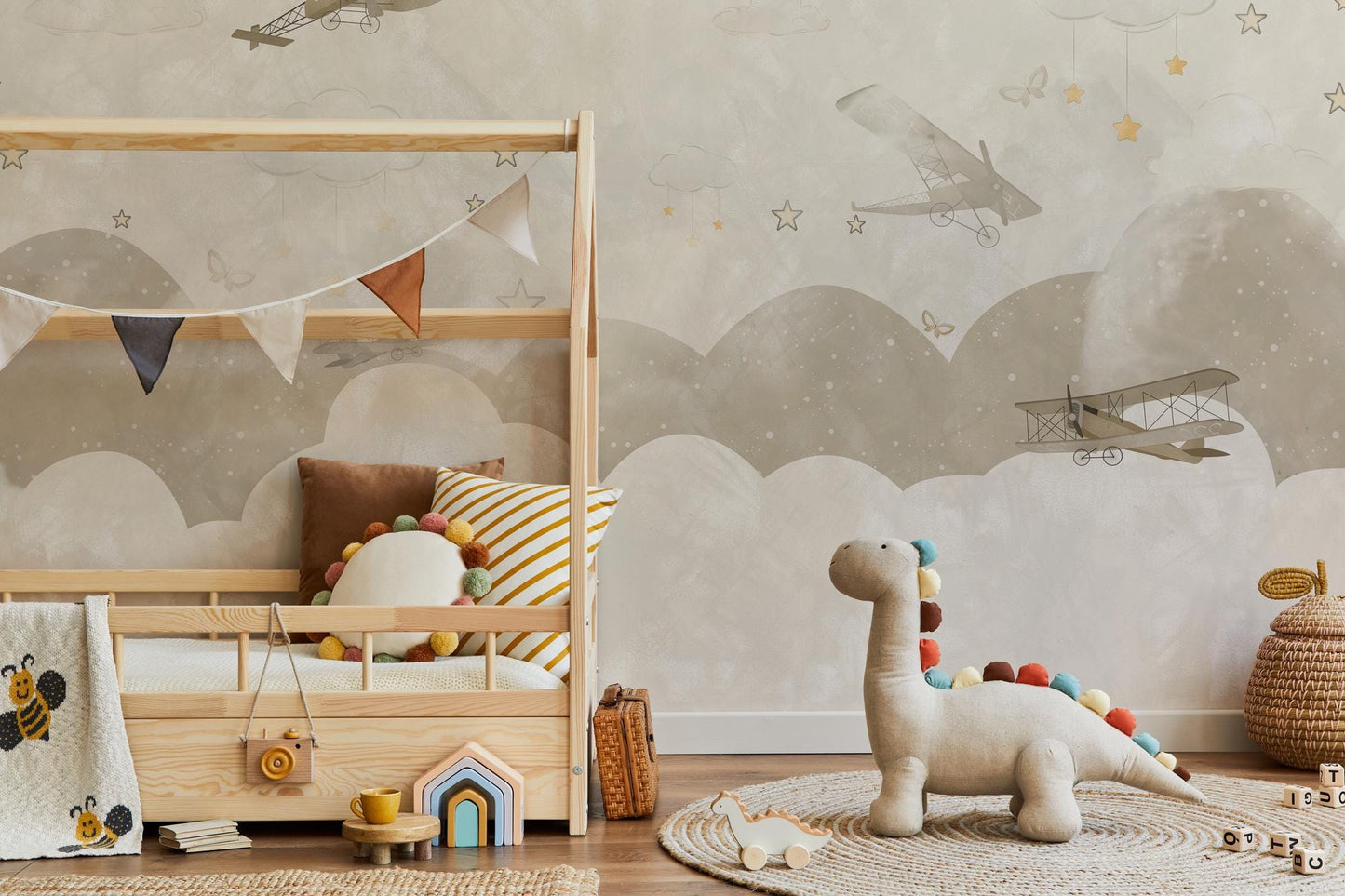 Soft Colored Airplanes and Clouds Kids Wallpaper, Illustration Wallpaper Nursery, Stars and Clouds Kids Wallpaper, Beige Baby Wallpaper