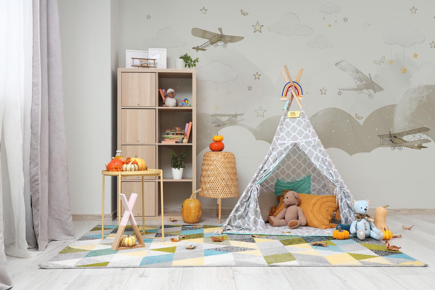 Soft Colored Airplanes and Clouds Kids Wallpaper, Illustration Wallpaper Nursery, Stars and Clouds Kids Wallpaper, Beige Baby Wallpaper