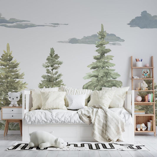 Soft Colored Tree Kids Wallpaper, Pine Trees Wallpaper Nursery , Nature Kids Wall Mural, Forest Childroom Wallpaper, Kindergarten Wallpaper