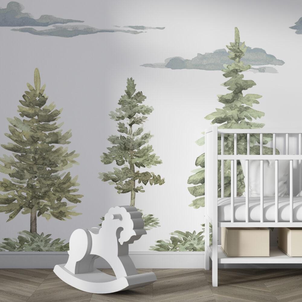 Soft Colored Tree Kids Wallpaper, Pine Trees Wallpaper Nursery , Nature Kids Wall Mural, Forest Childroom Wallpaper, Kindergarten Wallpaper