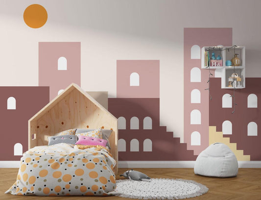 Pictorial City View Wallpaper For Kidsroom, Soft Pink Wallpaper Nursery, Childroom Wallpaper, Peel and Stick Wallpaper, Watercolor Wallpaper