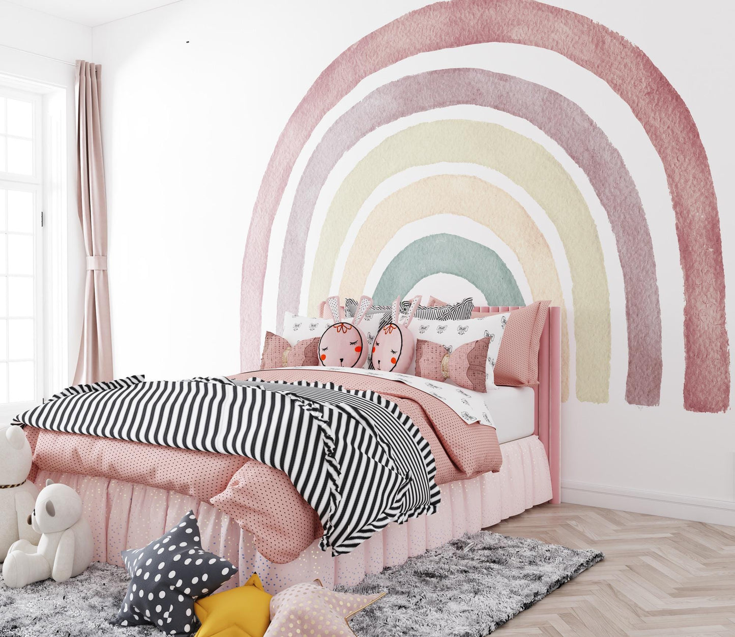 Rainbow Kids Wallpaper in Soft Colors, Watercolor Wallpaper for Kidsroom, Pink Wallpaper Nursery, Colourful Cute Baby Girl Wallpaper