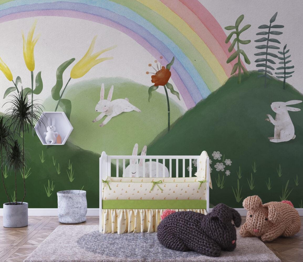 Rabbits with Mountain Figures 3D Children's Wallpaper, illustration Wallpaper Nursery, Peel and Stick Wallpaper, Watercolor Child Wallpaper