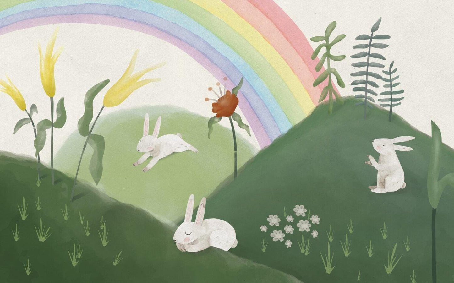 Rabbits with Mountain Figures 3D Children's Wallpaper, illustration Wallpaper Nursery, Peel and Stick Wallpaper, Watercolor Child Wallpaper