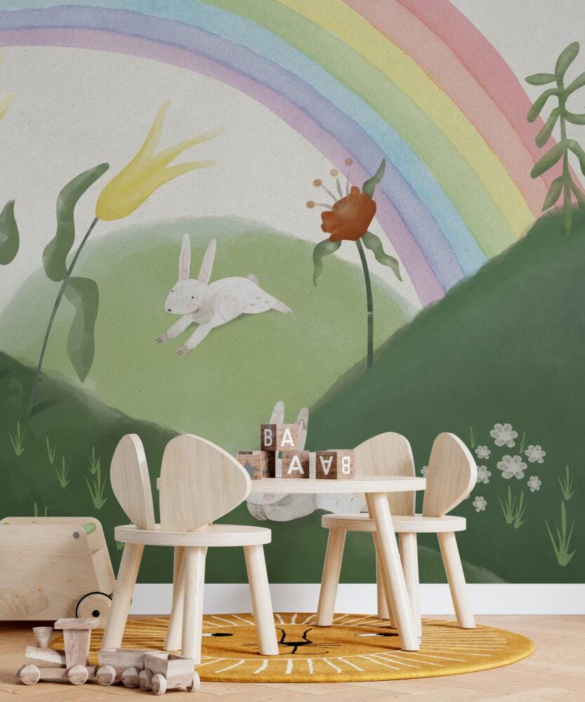 Rabbits with Mountain Figures 3D Children's Wallpaper, illustration Wallpaper Nursery, Peel and Stick Wallpaper, Watercolor Child Wallpaper