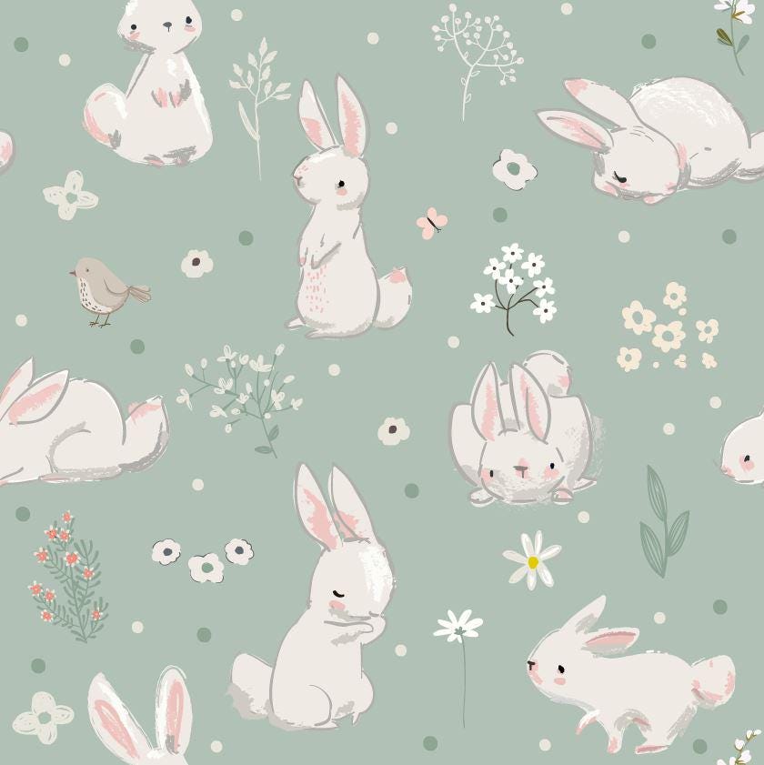 Cute Rabbits and Birds Kids Wallpaper, Cute Animals Wallpaper Nursery, Easter Child Wallpaper, Spring Kids Wallpaper, Baby Girl Wallpaper