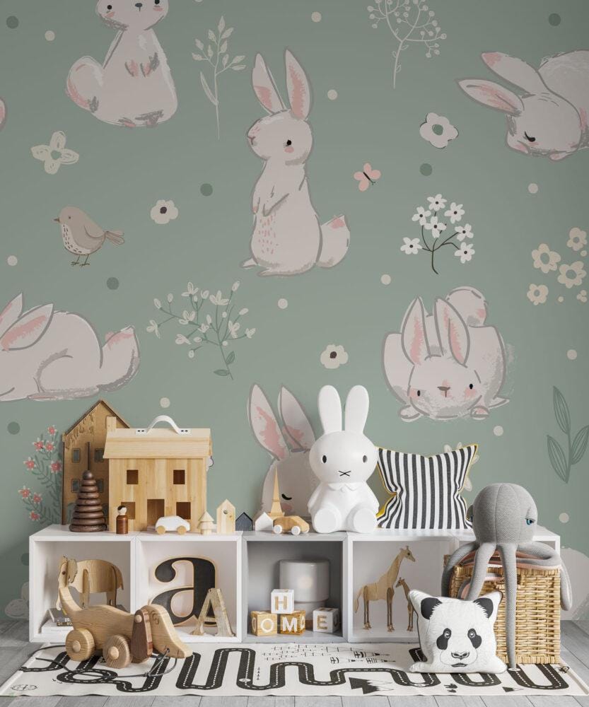Cute Rabbits and Birds Kids Wallpaper, Cute Animals Wallpaper Nursery, Easter Child Wallpaper, Spring Kids Wallpaper, Baby Girl Wallpaper