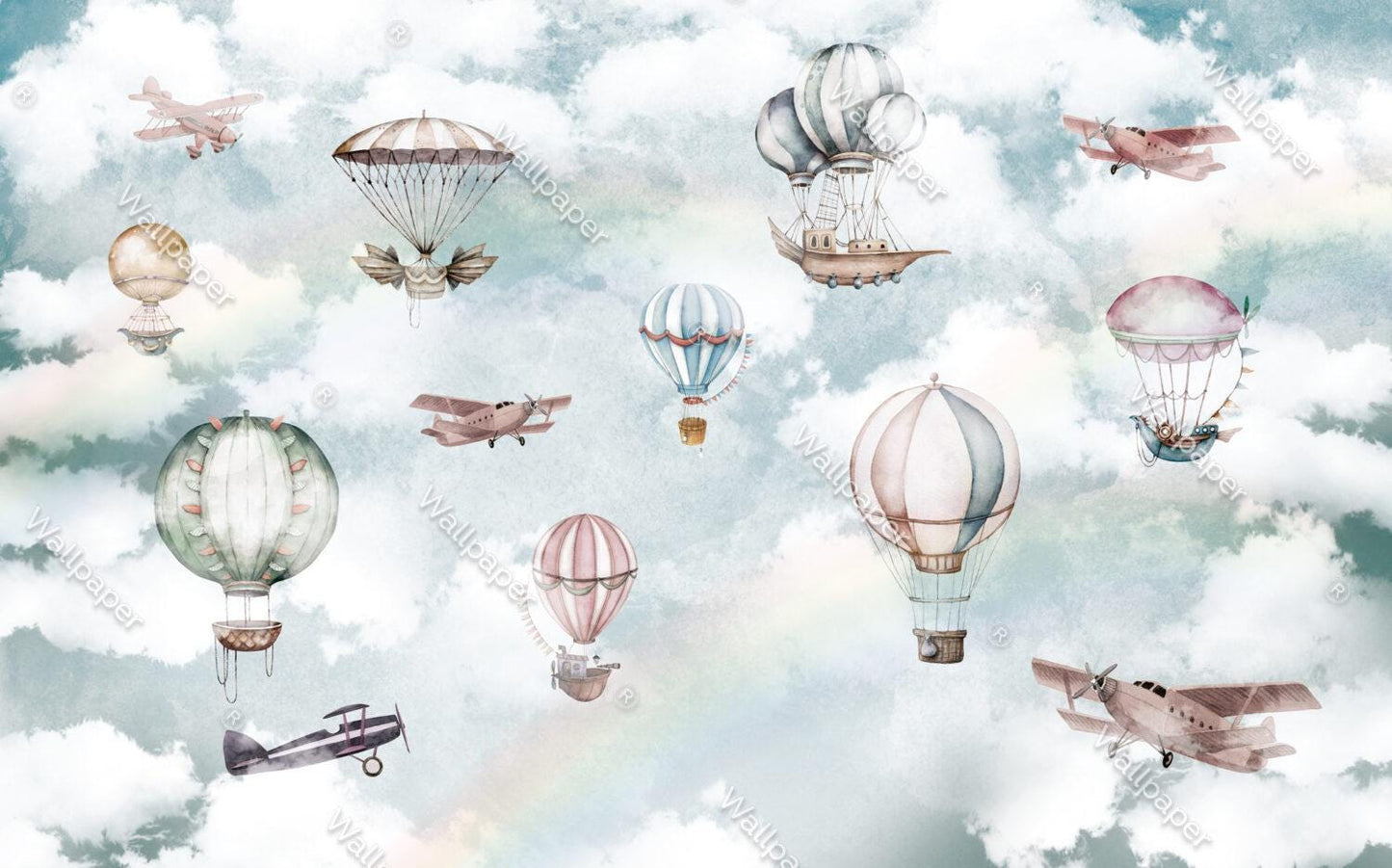 Balloons Flying in the Sky Wallpaper For Kidsroom, Cute Animals Wallpaper Nursery, Soft Childrens Wallpaper , Peel and Stick Baby Wallpaper