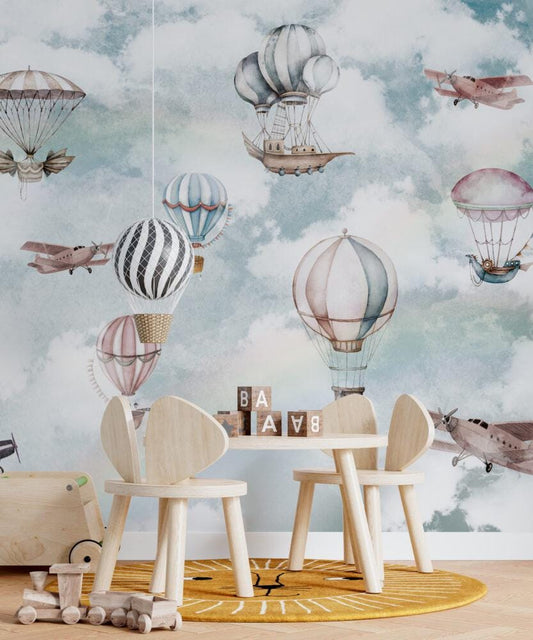 Balloons Flying in the Sky Wallpaper For Kidsroom, Cute Animals Wallpaper Nursery, Soft Childrens Wallpaper , Peel and Stick Baby Wallpaper