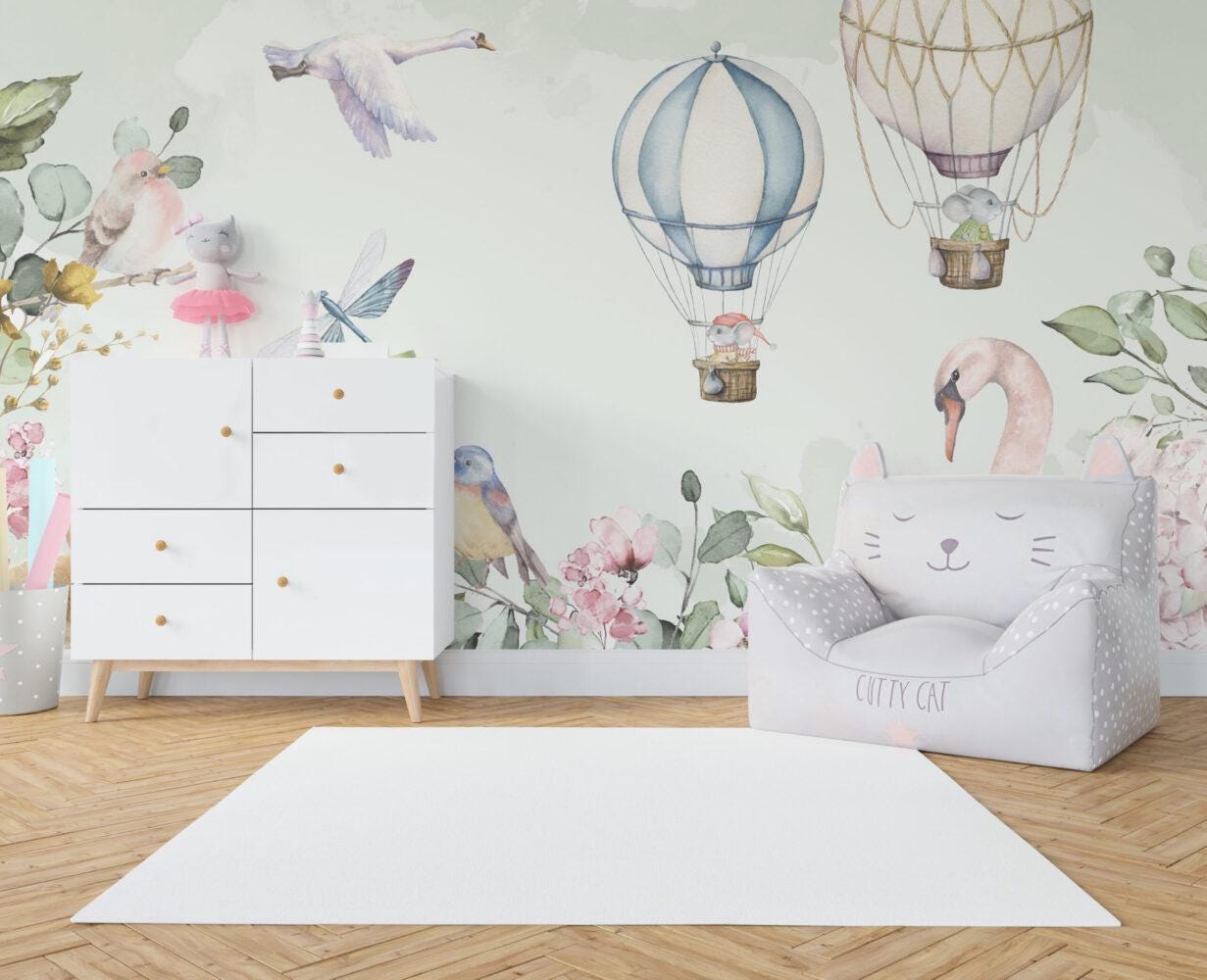Animals with Flying Balloons 3D Wallpaper in Soft Tones, Cute Animals Wallpaper Nursery, Child Wallpaper, Peel and Stick Baby Girl Wallpaper