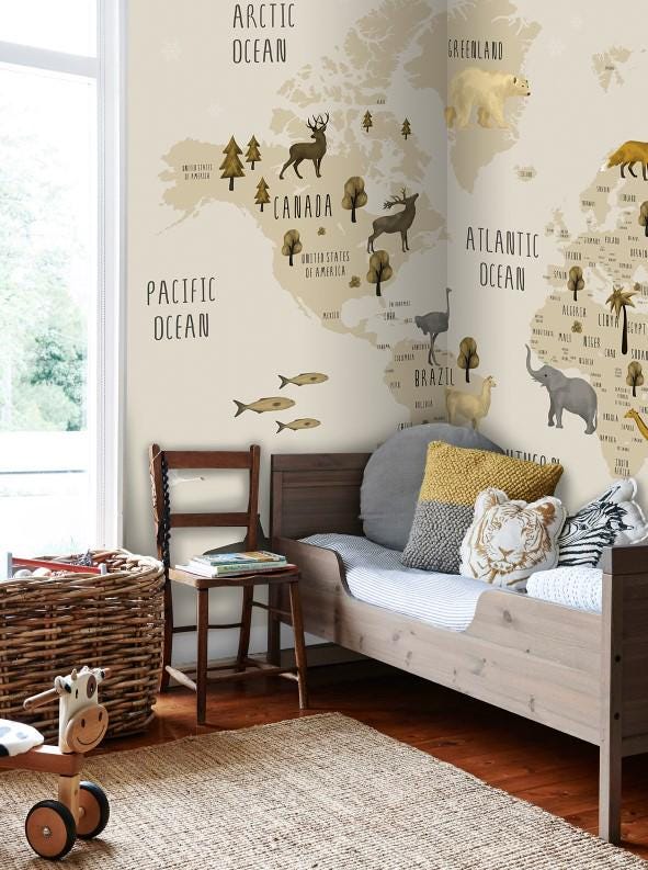 Animal World Map Kids Wallpaper, Children Wallpaper , Peel and Stick Wallpaper Nursery, Baby Mural, Beige Colors Wallpaper