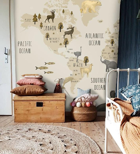 Animal World Map Kids Wallpaper, Children Wallpaper , Peel and Stick Wallpaper Nursery, Baby Mural, Beige Colors Wallpaper