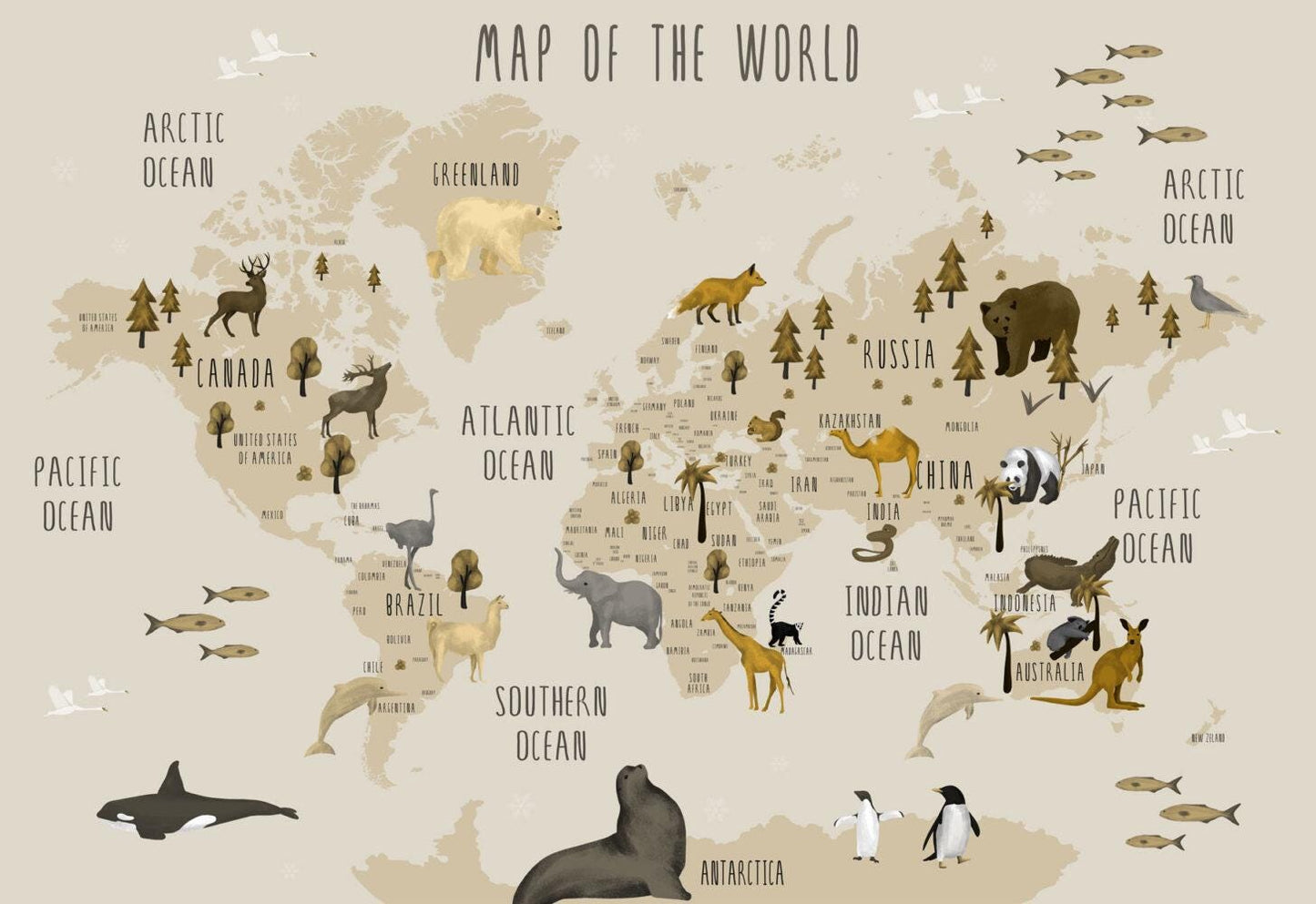 Animal World Map Kids Wallpaper, Children Wallpaper , Peel and Stick Wallpaper Nursery, Baby Mural, Beige Colors Wallpaper