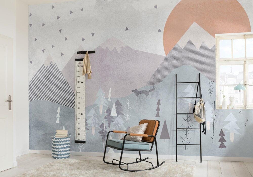 Sunny Wallpaper with Mountain Patterns in Soft Colors for Children's Rooms, Illustration Wallpaper Nursery, Art Colorful Baby Wallpaper