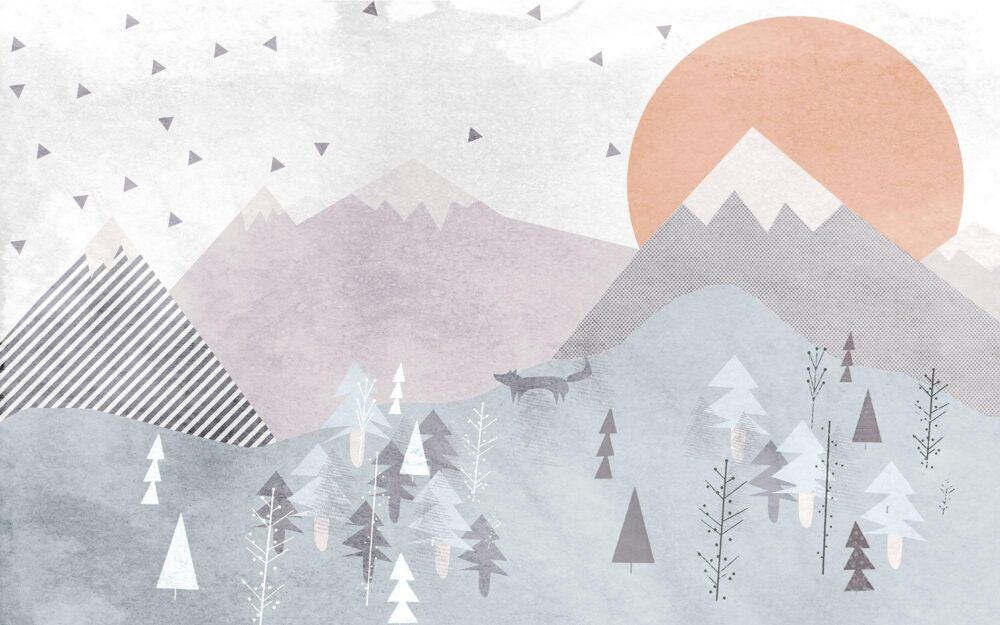 Sunny Wallpaper with Mountain Patterns in Soft Colors for Children's Rooms, Illustration Wallpaper Nursery, Art Colorful Baby Wallpaper