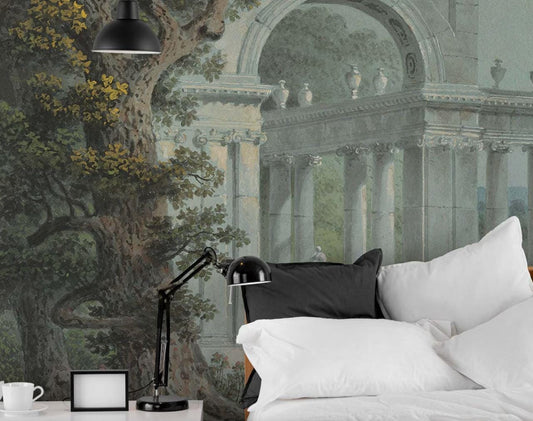 Arched Marble Columns by the River Wallpaper, Bohemian Peel and Stick Wallpaper, Antique Wallpaper, Nostalgic Wallpaper, Drawwing Wallpaper