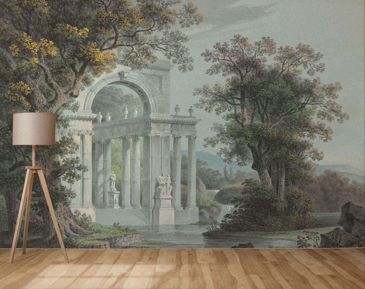 Arched Marble Columns by the River Wallpaper, Bohemian Peel and Stick Wallpaper, Antique Wallpaper, Nostalgic Wallpaper, Drawwing Wallpaper