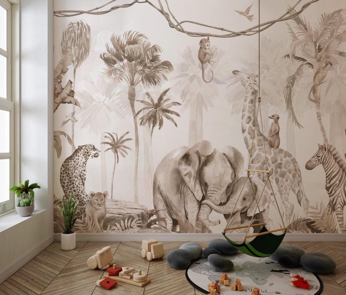 Elephant Family and Jungle Animals Kids Wallpaper, Children and Baby Wallpaper, Beige Wallpaper, Wallpaper Nursery, Wild Jungle Wallpaper