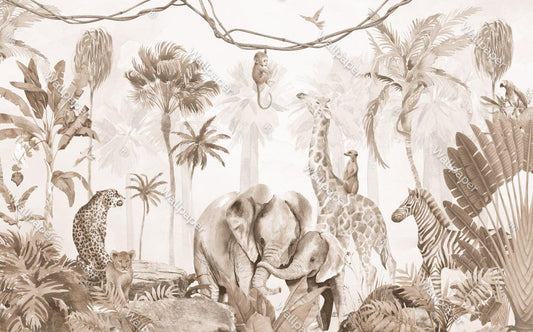 Elephant Family and Jungle Animals Kids Wallpaper, Children and Baby Wallpaper, Beige Wallpaper, Wallpaper Nursery, Wild Jungle Wallpaper