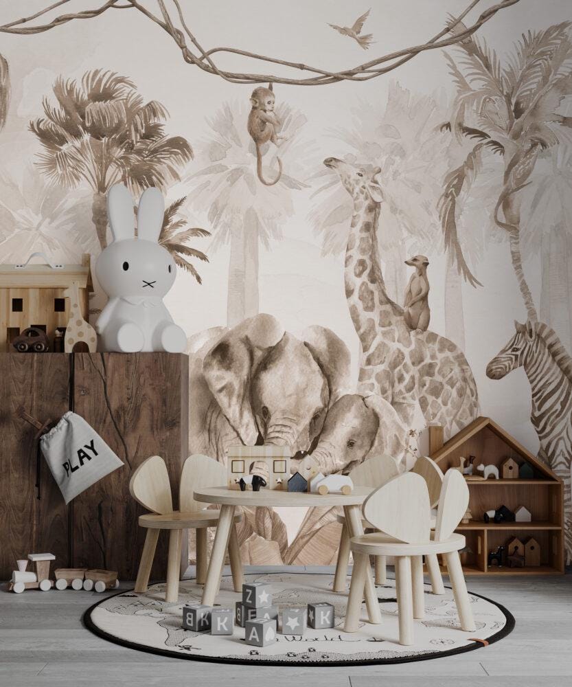 Elephant Family and Jungle Animals Kids Wallpaper, Children and Baby Wallpaper, Beige Wallpaper, Wallpaper Nursery, Wild Jungle Wallpaper