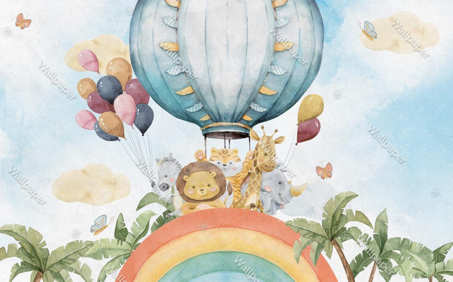 Cute Animals in Rainbow and Balloon Wallpaper, Watercolor Wallpaper Nursery , Childrens Wallpaper , Peel and Stick Wallpaper, Baby Wallpaper