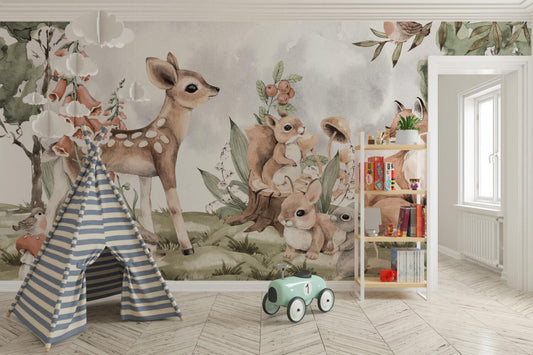 Cute Animals in the Forest Wallpaper, Watercolor Wallpaper Nursery , Childrens Wallpaper , Peel and Stick Wallpaper, Gazelle Baby Wallpaper