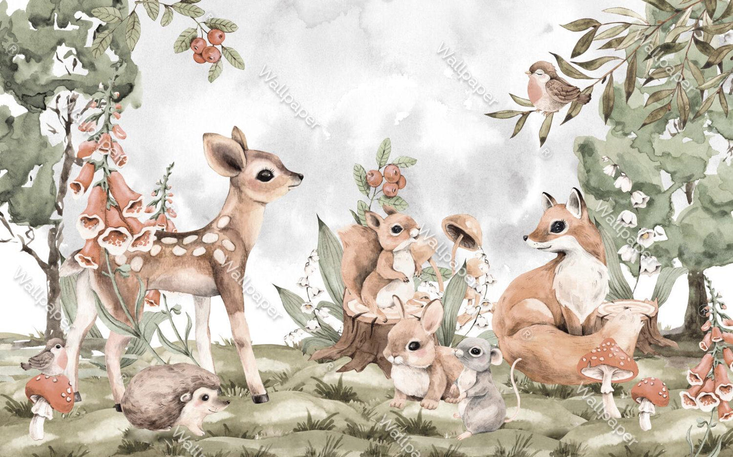 Cute Animals in the Forest Wallpaper, Watercolor Wallpaper Nursery , Childrens Wallpaper , Peel and Stick Wallpaper, Gazelle Baby Wallpaper