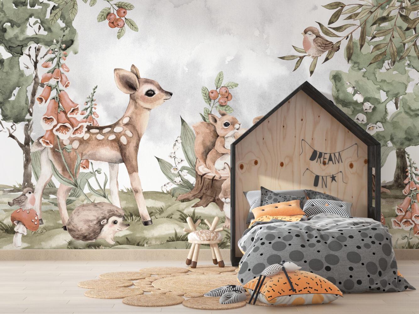 Cute Animals in the Forest Wallpaper, Watercolor Wallpaper Nursery , Childrens Wallpaper , Peel and Stick Wallpaper, Gazelle Baby Wallpaper