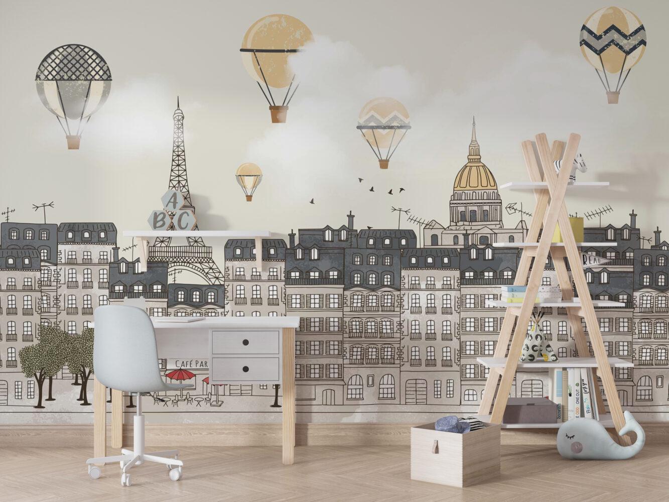Paris City Wallpaper with Flying Balloons, Town Wallpaper For Kidsroom, Watercolor Wallpaper Nursery, Illustration Childrens Wallpaper