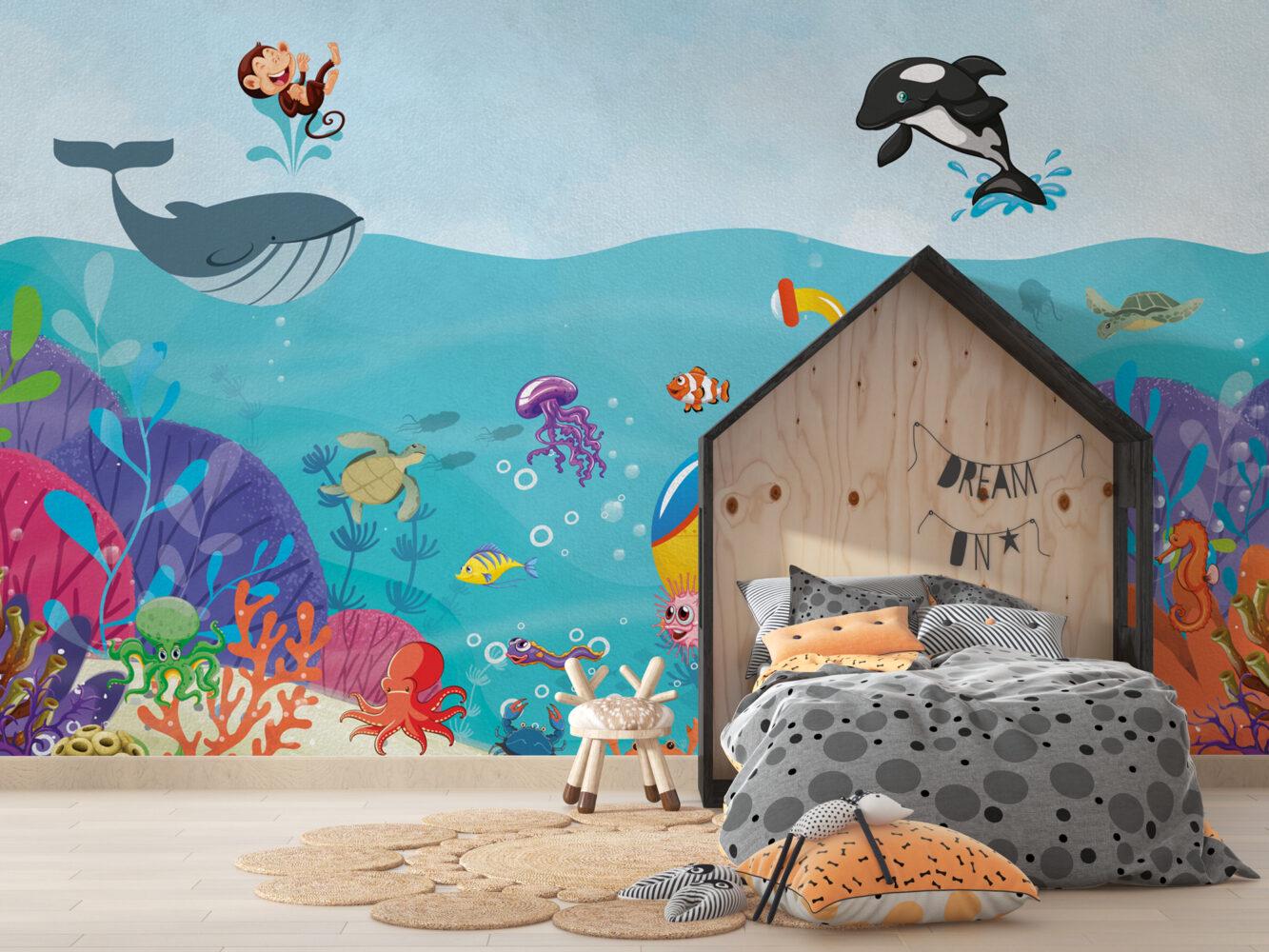 Diving Monkey And Sea Creatures Wallpaper, Whale Wallpaper for Kidsroom, Underwater Kid Wallpaper, Blue Sea Wallpaper Nursery, Child Mural