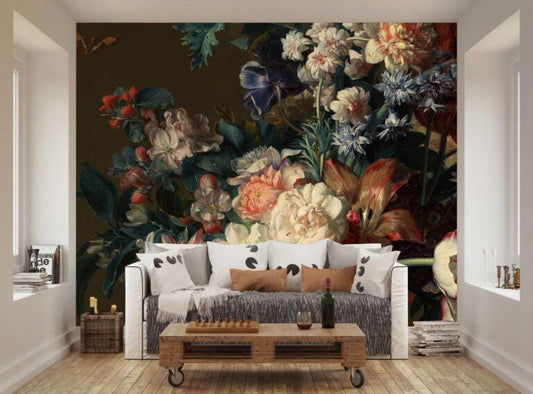 Colorful Realistic Flowers Wallpaper, Elegant Garden Wallpaper, Darkness Floral Painting Wallpaper, Romantic Mural, Bloom Drawing Wallpaper
