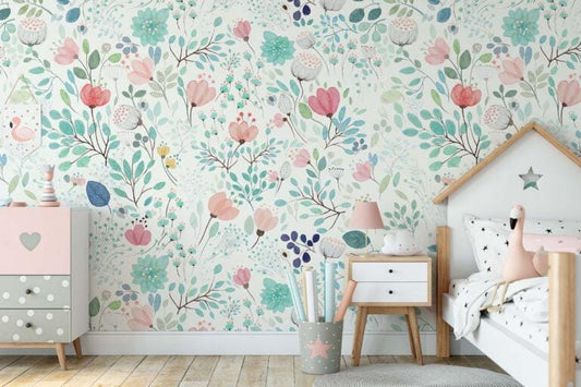 Colorful Flowers Plants Wallpaper on White Background, Illustration Wallpaper, Watercolor Wallpaper, Mini Flowers Wallpaper, Botanical Mural