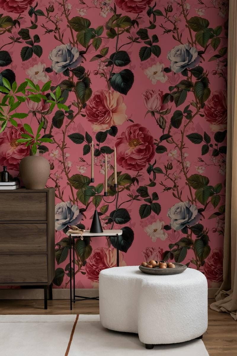 Pink Spring Flowers Wallpaper, Floral Wallpaper, Colourful Romantic Wall Mural, Peel and Stick Wallpaper, Pink Roses Wallpaper, Botany Mural
